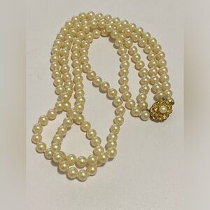 Classic Cream  glass Pearl  vintage Necklace with Gold Accent two strands